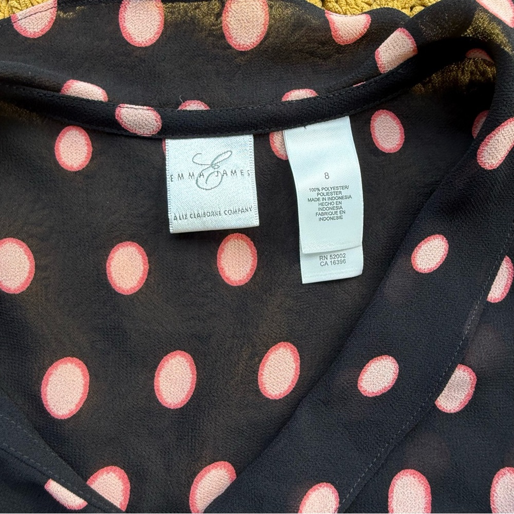 Emma James Blouse Women's 8 Black Pink Polka Dot Button Up‎ 3/4 Sleeve Shirt Top - Picture 3 of 7